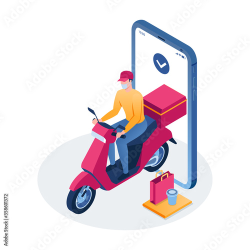 Courier in mask rides a scooter on mobile phone background. Fast delivery package. Isometric vector illustration