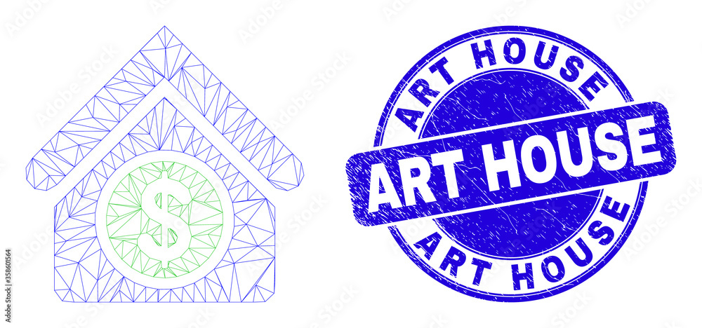 Web mesh commercial building icon and Art House seal stamp. Blue vector rounded scratched seal stamp with Art House caption. Web mesh commercial building icon and Art House seal stamp. Blue vector rounded scratched seal stamp with Art House caption.
