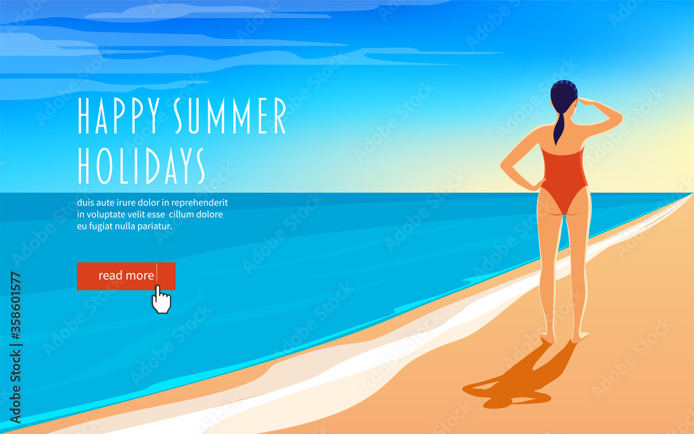 A young woman is standing on the seashore and watching the sunset. Happy summer holidays. Cartoon vector illustration
