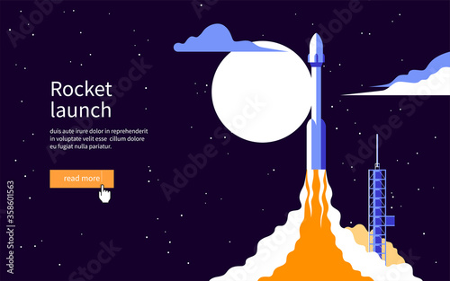 Rocket takes off on the starry sky background. Spaceship begins the mission. Cartoon vector illustration