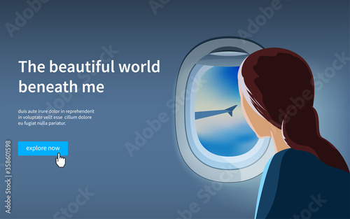 Young Woman Looking From Airplane At Clouds. Attractive caucasian female passenger. Cartoon vector illustration