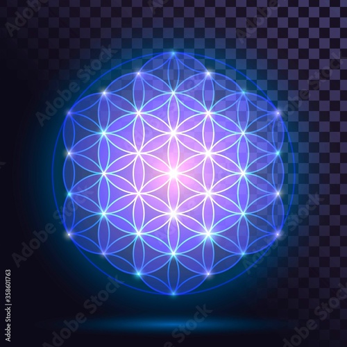 Glowing sign of the Flower of Life, a symbol of Eastern philosophy and harmony