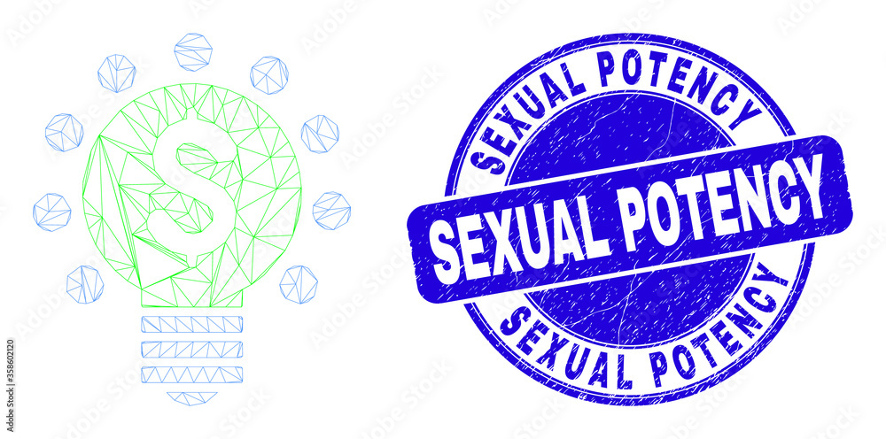 Web mesh dollar light bulb icon and Sexual Potency stamp. Blue vector rounded scratched seal stamp with Sexual Potency phrase. Abstract frame mesh polygonal model created from dollar light bulb icon. Web mesh dollar light bulb icon and Sexual Potency stamp. Blue vector rounded scratched seal stamp with Sexual Potency phrase. Abstract frame mesh polygonal model created from dollar light bulb icon.