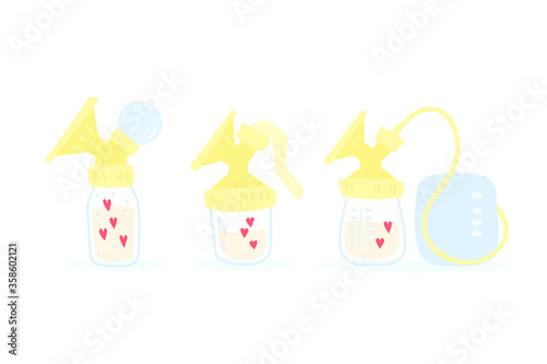 Collection of breast pumps. Manual and electric milk pumps. Cute cartoon vector illustration