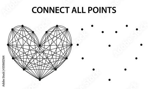  Abstract heart shape with connecting dots and lines, connect the dots picture, dot to dot game, entertaining game element in vector