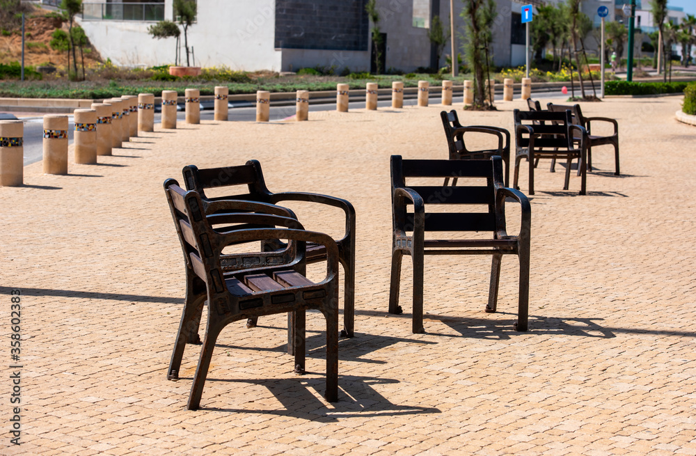 benches on a city street