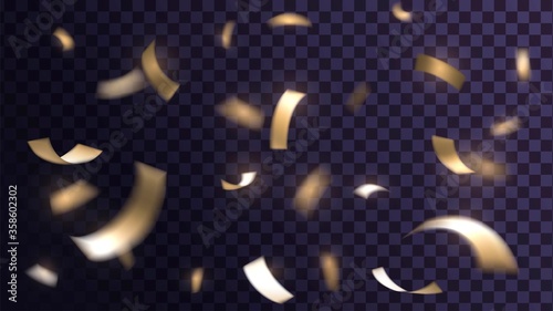 Flying golden confetti on a transparent background, holiday decoration