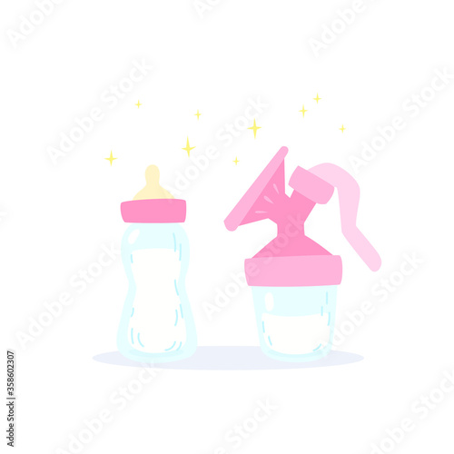 Milk expressing tools. Manual breast pump and pacifier bottle.  Cartoon vector illustration