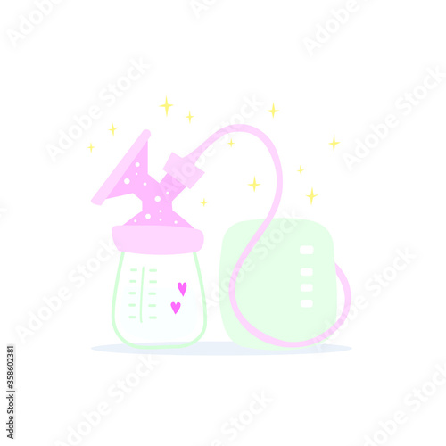 Electric breast pump in pink. Polka dot pattern. Milk with love from mom. Cute cartoon vector illustration