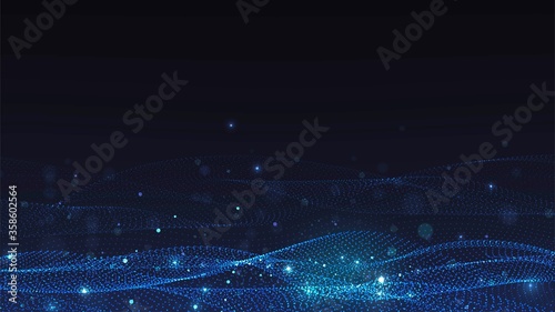 Black background with blue luminous dotted waves and sparks.