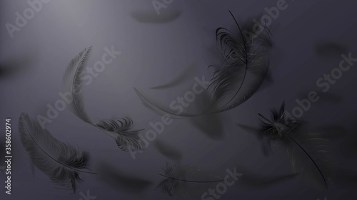 Flying black spooky bird or crow feathers in the dark