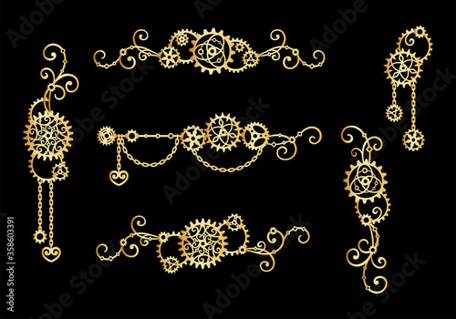 Borders and frames of golden gears, chains and curls on a black background. Mechanism. Steampunk. Set of decorative elements for a stylish holiday greeting card, signage and labels. Vector template