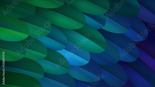 Vector background with green and purple feathers closeup