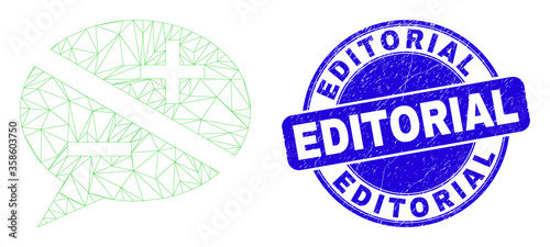 Web carcass discussion messages icon and Editorial watermark. Blue vector round grunge watermark with Editorial text. Abstract frame mesh polygonal model created from discussion messages icon.