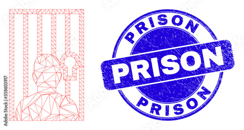 Web mesh jailed person pictogram and Prison stamp. Blue vector rounded grunge stamp with Prison caption. Abstract carcass mesh polygonal model created from jailed person pictogram.