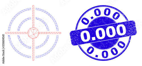 Web mesh bullseye icon and 0.000 seal. Blue vector round scratched seal stamp with 0.000 text. Abstract carcass mesh polygonal model created from bullseye icon.