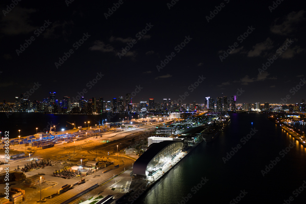 Night aerials Downtown Miami Port harbor