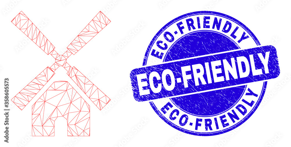 Obraz premium Web mesh windmill pictogram and Eco-Friendly seal. Blue vector round distress seal stamp with Eco-Friendly phrase. Abstract carcass mesh polygonal model created from windmill pictogram.