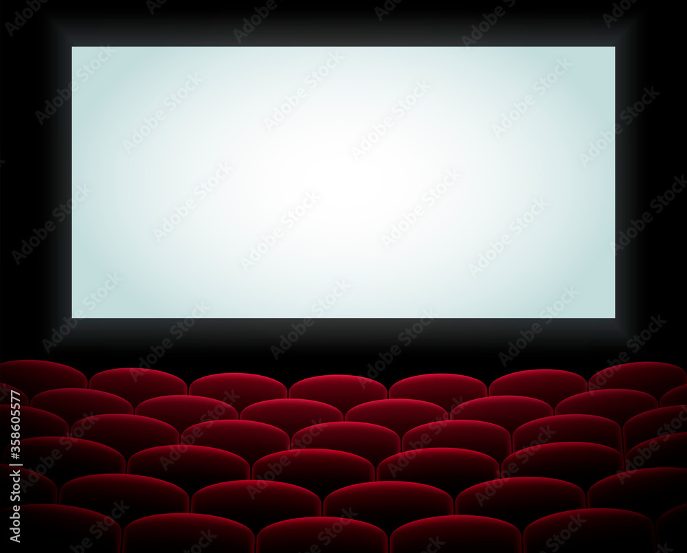Interior of a cinema movie theatre, lecture hall with copyspace on the screen and rows of blue cinema or theater seats in front. Empty Cinema auditorium with white screen. Vector illustration. EPS 10