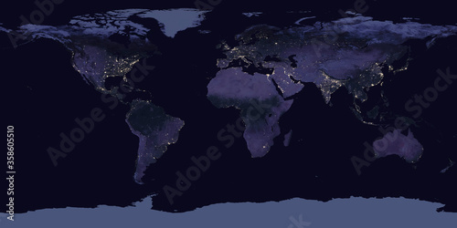 Equirectangular projection map of the night side of the Earth with city lights. Elements of this image furnished by NASA