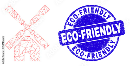 Web mesh windmill pictogram and Eco-Friendly seal. Blue vector round distress seal stamp with Eco-Friendly phrase. Abstract carcass mesh polygonal model created from windmill pictogram.