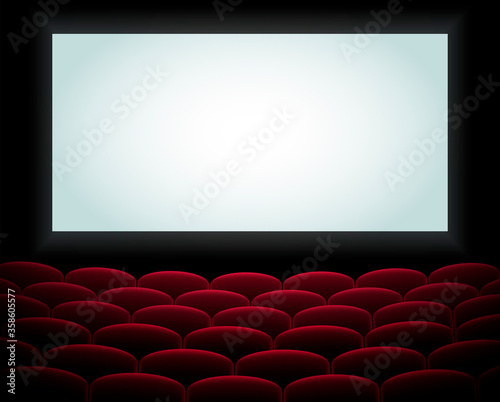Interior of a cinema movie theatre, lecture hall with copyspace on the screen and rows of blue cinema or theater seats in front. Empty Cinema auditorium with white screen. Vector illustration. EPS 10