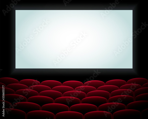 Interior of a cinema movie theatre, lecture hall with copyspace on the screen and rows of blue cinema or theater seats in front. Empty Cinema auditorium with white screen. Vector illustration. EPS 10