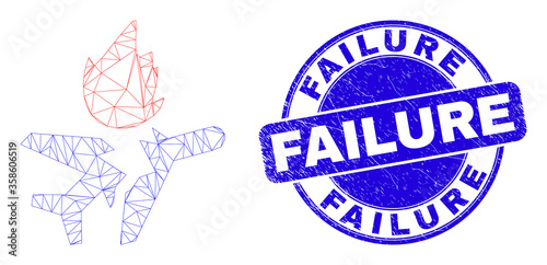 Web mesh airplane crash pictogram and Failure seal stamp. Blue vector round grunge stamp with Failure text. Abstract carcass mesh polygonal model created from airplane crash icon.