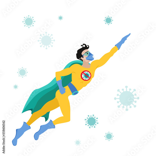 Anticovid superhero flying on white isolation background with molecules. Anticoronavirus hero in yellow suit, turquoise cloak, blue gloves and boots, medicine mask and glasses.