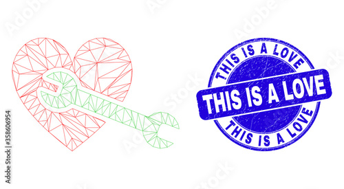 Web carcass heart repair wrench icon and This Is a Love seal stamp. Blue vector rounded grunge stamp with This Is a Love phrase.