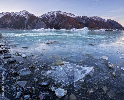 Tasman Lake, Mount Cook Village on New Zealand's South Island. photo