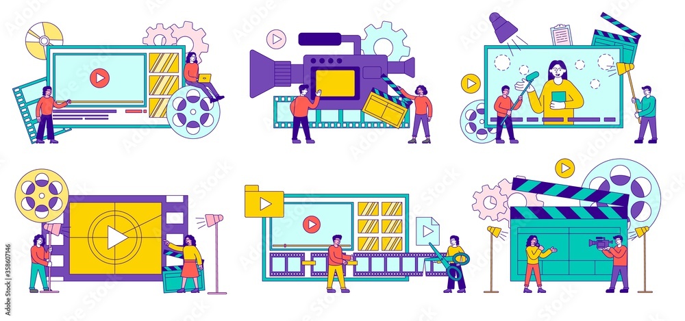 Six assorted scenes for video and videography showing takes, filming, editing, camera and motion reels, colored vector illustration