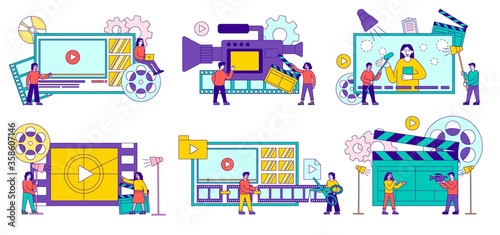 Six assorted scenes for video and videography showing takes, filming, editing, camera and motion reels, colored vector illustration