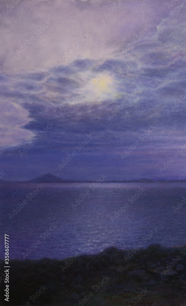 Oil painting, acrylic, this is a purple atmosphere on the beach in the evening. it is a beautiful scenery The sun shines behind the clouds. There is soft light reflected on the sea surface. 