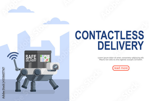 Drone Dog Robot Delivery parcel with a Security box has a navigation screen. Contactless concept with copy space. Vector illustration cartoon flat design for banner, poster, background, and wallpaper.