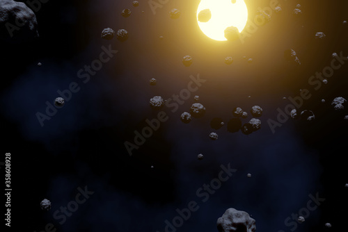 Some of asteroid (in asteroid field) is transiting a yellow star (3D Rendering)