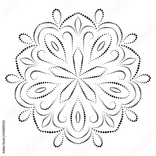 laser cut paper, lace medallion, ornamental dotted pattern, cutout mandala, vector ethnic mehndi pattern, pentagonal form, abstract vintage doily, wedding invitation, black and white greeting card.