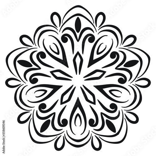 laser cut paper, lace medallion, ornamental pattern, cutout mandala, vector ethnic mehndi pattern, pentagonal form, abstract vintage doily, wedding invitation, black and white greeting card.
