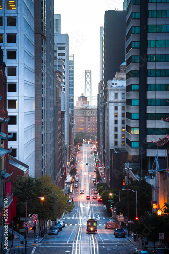 Obraz na płótnie Downtown San Francisco with cable car on California Street at dawn, San Francisco, California, USA w salonie