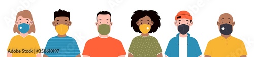 Men and women wearing medical masks to prevent disease. Group of people in face masks. Vector illustration in a flat style