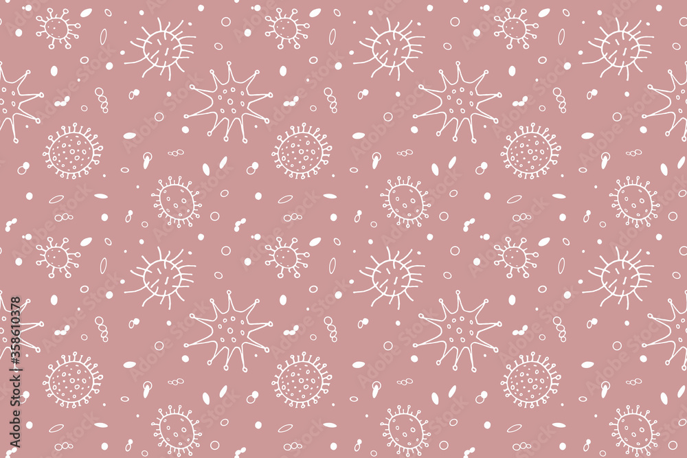 Seamless pattern bacterium virus vector illustration. Stop COVID-19. Outline doodle color background, texture Seamless pattern bacterium virus vector illustration. Stop COVID-19. Outline doodle color background, texture