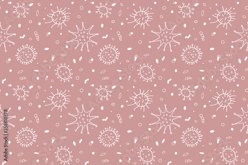 Seamless pattern bacterium virus vector illustration. Stop COVID-19. Outline doodle color background, texture