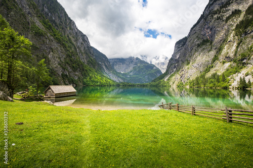 Obraz na płótnie Scenic Lake Obersee with old boat house in summer, Bavaria, Germany w salonie