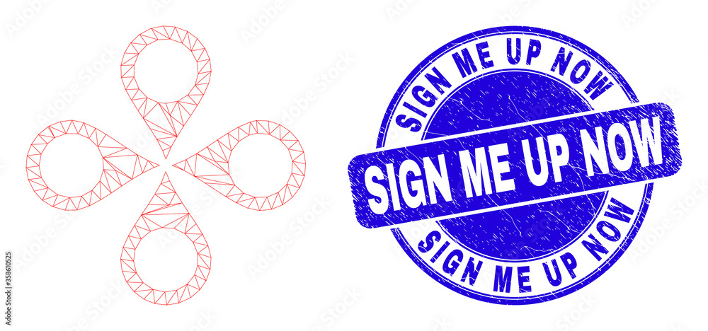 Web mesh map markers pictogram and Sign Me up Now seal stamp. Blue vector round distress seal stamp with Sign Me up Now caption. Abstract frame mesh polygonal model created from map markers pictogram. Web mesh map markers pictogram and Sign Me up Now seal stamp. Blue vector round distress seal stamp with Sign Me up Now caption. Abstract frame mesh polygonal model created from map markers pictogram.