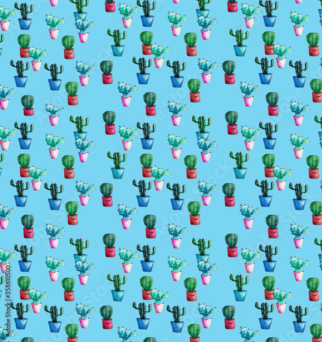 watercolor pattern of cacti in pots on a blue background