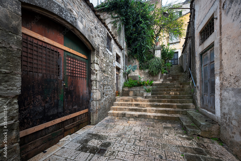 Obraz premium Old town, vintage facade, stairs to the past