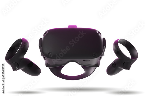 3D render of VR headset with goggles and controllers on white background