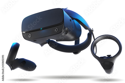 3D render of VR headset with goggles and controllers on white background