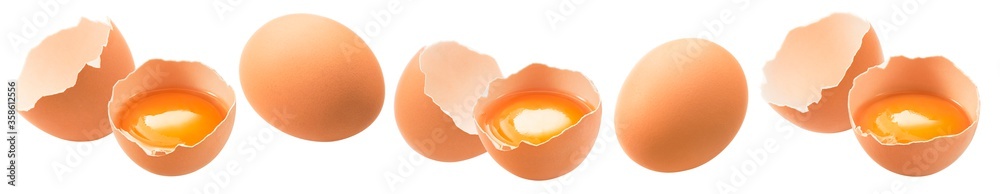 Set of whole and broken raw brown eggs with yellow yolks isolated on white background Set of whole and broken raw brown eggs with yellow yolks isolated on white background