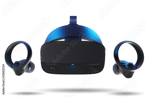 3D render of VR headset with goggles and controllers on white background